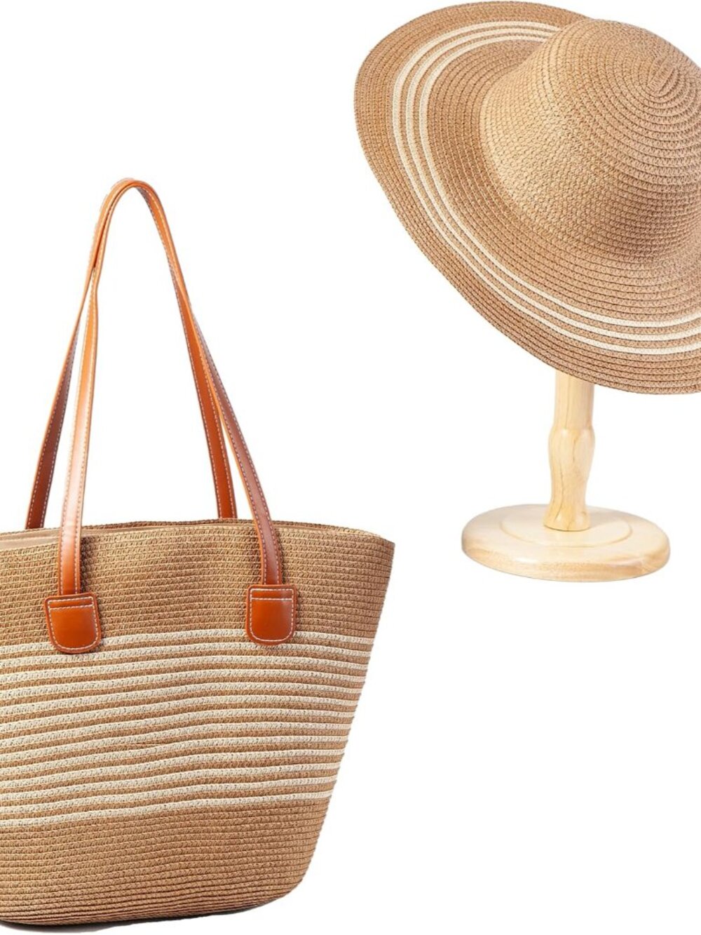 Womens Large Capacity Straw woven Tote with Hat, Summer Beach Shoulder Bag for S